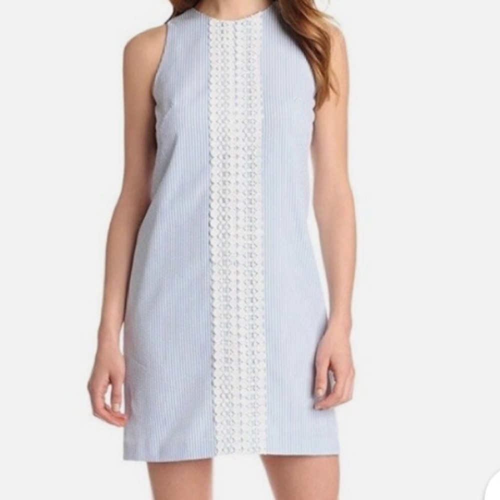 London Times Seersucker Blue Sleeveless Shift Dress Size 10
